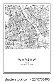 Mapa de la ciudad de Varsovia en blanco y negro, diseño de afiches, listración vectorial.