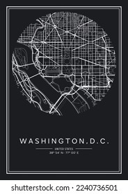 Black and white printable Washington, D.C. city map, poster design, vector illistration.