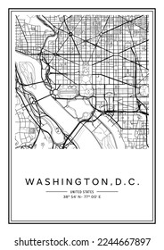 Black and white printable Washington, D.C. city map, poster design, vector illistration.