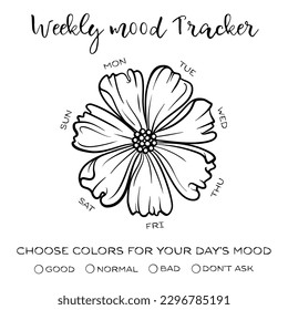 Black and white printable weekly mood tracker. Flower shape.