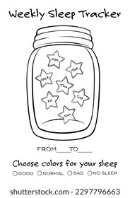 Black and white printable weekly sleep tracker. Little stars jar for your weekly sleep tracking.