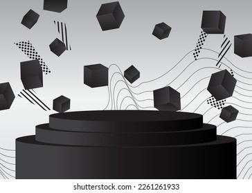Black and White product display empty scene. Abstract Mockup vector 3D room. Stage showcase, cylinder pedestal podium for presentation. Futuristic Sci-fi minimal geometric forms.