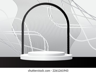 Black and White product display empty scene. Abstract Mockup vector 3D room. Stage showcase, cylinder pedestal podium for presentation. Futuristic Sci-fi minimal geometric forms.