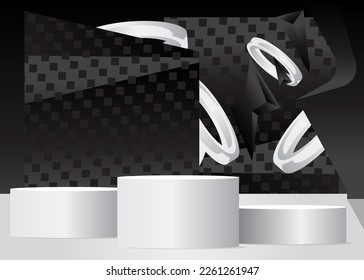 Black and White product display empty scene. Abstract Mockup vector 3D room. Stage showcase, cylinder pedestal podium for presentation. Futuristic Sci-fi minimal geometric forms.