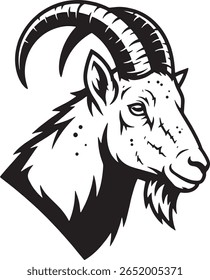 Black and white profile portrait of a mountain goat's head.  Detailed horns and facial features.