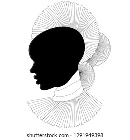 Black and white profile, silhouette, portrait of a beautiful African woman with an earring (profile view)