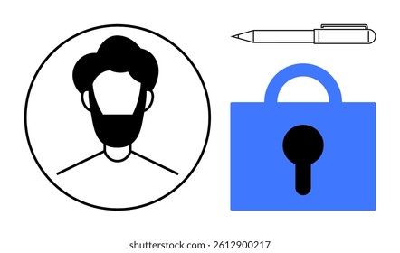 Black and white profile within a circle, a blue lock with a keyhole, and a black pen. Ideal for cybersecurity, privacy, identity protection, credential verification, and secure communications. Simple