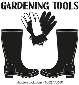 Black and white protective clothing silhouette.. Rubber boots and gloves Garden tool vector illustration gift card certificate sticker, badge, sign, logo, label, icon, poster, patch, banner invitation