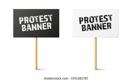 Black and white protest signs on wooden holder with shadow. Realistic demonstration banner. Strike action cardboard placard mockup. Vector illustration.