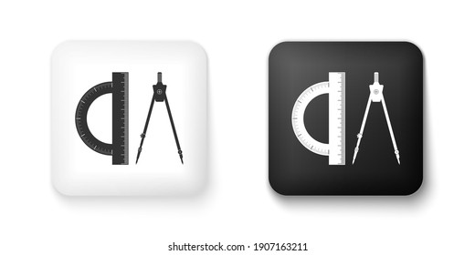 Icono de brújula de dibujo y protractor blanco y negro aislado en fondo blanco. Instrumento profesional de dibujo. Equipo geométrico. Señal de educación. Botón cuadrado. Vector.