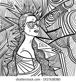 Black and white psychedelic line art with humans. Doodles and lines abstract hand-drawn vector art.
