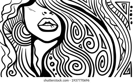 Arte psicodélico en blanco y negro con la mujer abstracta. Dibujos y líneas abstractos de arte vectorial a mano.