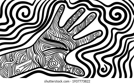 Arte de línea psicodélica en blanco y negro con la huella palma abstracta, letra a mano. Dibujos y líneas abstractos de arte vectorial a mano.