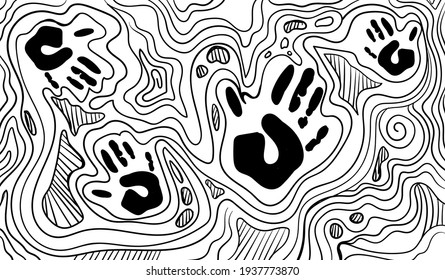 Black and white psychedelic line art with the abstract palm print, handprint. Doodles and lines abstract hand-drawn vector art.