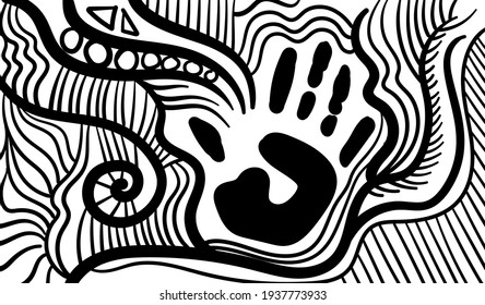 Arte de línea psicodélica en blanco y negro con la huella palma abstracta, letra a mano. Dibujos y líneas abstractos de arte vectorial a mano.