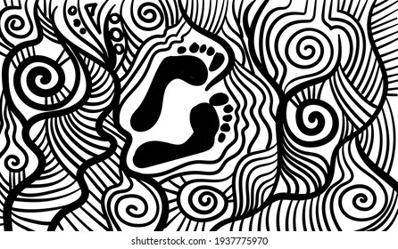 Black and white psychedelic line art with the abstract footprint. Doodles and lines abstract hand-drawn vector art.