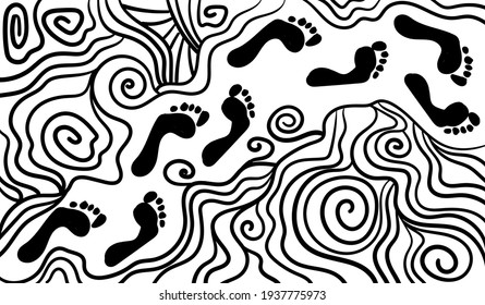 Black and white psychedelic line art with the abstract footprint. Doodles and lines abstract hand-drawn vector art.