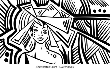 Black and white psychedelic line art with the abstract woman. Doodles and lines abstract hand-drawn vector art.
