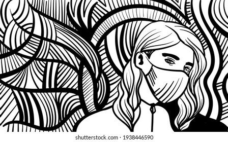 Black and white psychedelic line art with the abstract man. Doodles and lines abstract hand-drawn vector art.