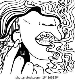 Black and white psychedelic line art with the abstract smoking woman. Sigarette illustration. Doodles and lines abstract hand-drawn vector art.
