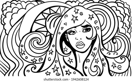 Arte psicodélico en blanco y negro con la mujer abstracta. Dibujos y líneas abstractos de arte vectorial a mano.