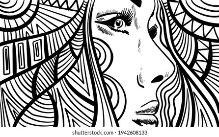 Black and white psychedelic line art with the abstract woman. Doodles and lines abstract hand-drawn vector art.
