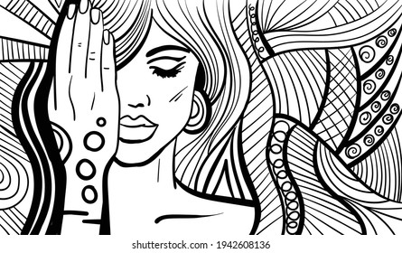 Black and white psychedelic line art with the abstract woman. Doodles and lines abstract hand-drawn vector art.