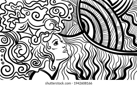 Arte psicodélico en blanco y negro con la mujer abstracta. Dibujos y líneas abstractos de arte vectorial a mano.