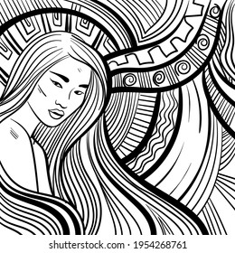 Black and white psychedelic line art with the abstract woman. Doodles and lines abstract hand-drawn vector art.