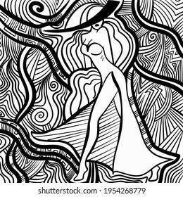 Black and white psychedelic line art with the abstract woman. Doodles and lines abstract hand-drawn vector art.