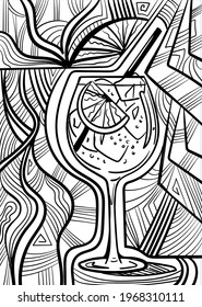 Black and white psychedelic line art with the cocktail. Doodles and lines abstract hand-drawn vector art.
