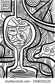 Black and white psychedelic line art with the cocktail. Doodles and lines abstract hand-drawn vector art.