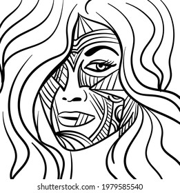 Black and white psychedelic line art with the abstract woman face. Doodles and lines abstract hand-drawn vector art.