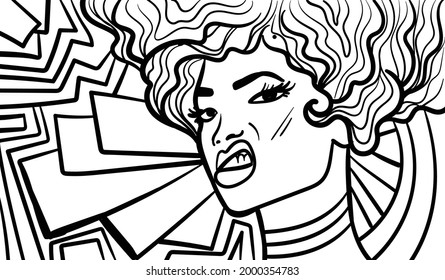 Arte psicodélico en blanco y negro con la mujer abstracta. Dibujos y líneas abstractos de arte vectorial a mano.