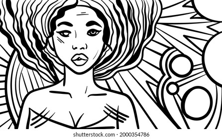 Black and white psychedelic line art with the abstract woman. Doodles and lines abstract hand-drawn vector art.