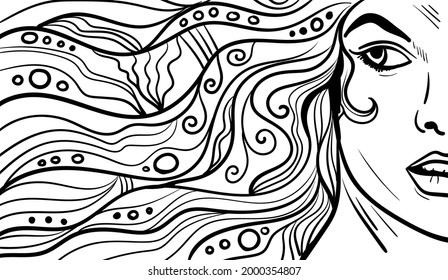 Black and white psychedelic line art with the abstract woman. Doodles and lines abstract hand-drawn vector art.