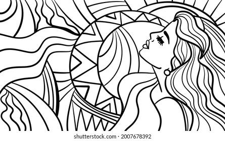 Arte psicodélico en blanco y negro con la mujer abstracta. Dibujos y líneas abstractos de arte vectorial a mano.