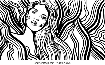 Black and white psychedelic line art with the abstract woman. Doodles and lines abstract hand-drawn vector art.