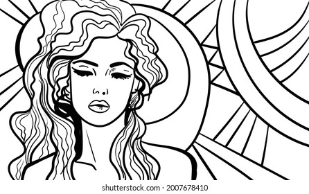 Arte psicodélico en blanco y negro con la mujer abstracta. Dibujos y líneas abstractos de arte vectorial a mano.