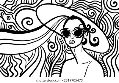 Black and white psychedelic line art with a woman silhouette. Doodles and lines abstract hand-drawn vector art.
