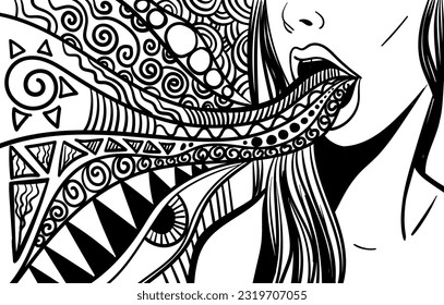 Arte psicodélico en blanco y negro con boca abierta. Dibujos y líneas abstractos de arte vectorial a mano.