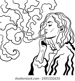 Schwarz-weiße psychedelische Linienkunst mit der abstrakten rauchenden Frau. Illustration zur Zigarette. Doodles und Linien abstrakte handgezeichnete Vektorkunst.