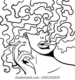 Black and white psychedelic line art with the abstract smoking woman. Cigarette illustration. Doodles and lines abstract hand-drawn vector art.