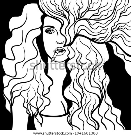 Black and white psychedelic line art with the abstract smoking woman. Cigarette illustration. Doodles and lines abstract hand-drawn vector art.