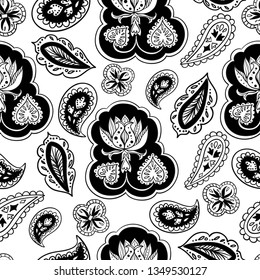 Black and white psychedelic seamless pattern with paisley