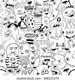 Black and white psychedelic seamless pattern with sketch funny monsters. Abstract graphic background.
