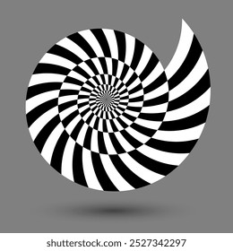 Black and white psychedelic spiral like nautilus shell. Abstract logo, icon or background.