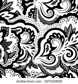 Black and white psychedelic texture with abstract floral and plants elements
