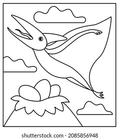 Black And White Pterodactyl Dino Flying Among The Clouds To Nest With Eggs. Summer Scene Outline Illustration With Cute Dinosaur. Funny Prehistoric Reptiles Coloring Page For Children
