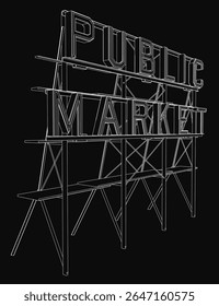 Black and white public market sign on a dark background, featuring bold text on a wooden board for a striking vintage aesthetic. The minimalist design creates a clean, eye-catching